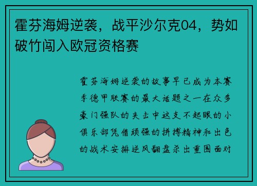 霍芬海姆逆袭，战平沙尔克04，势如破竹闯入欧冠资格赛